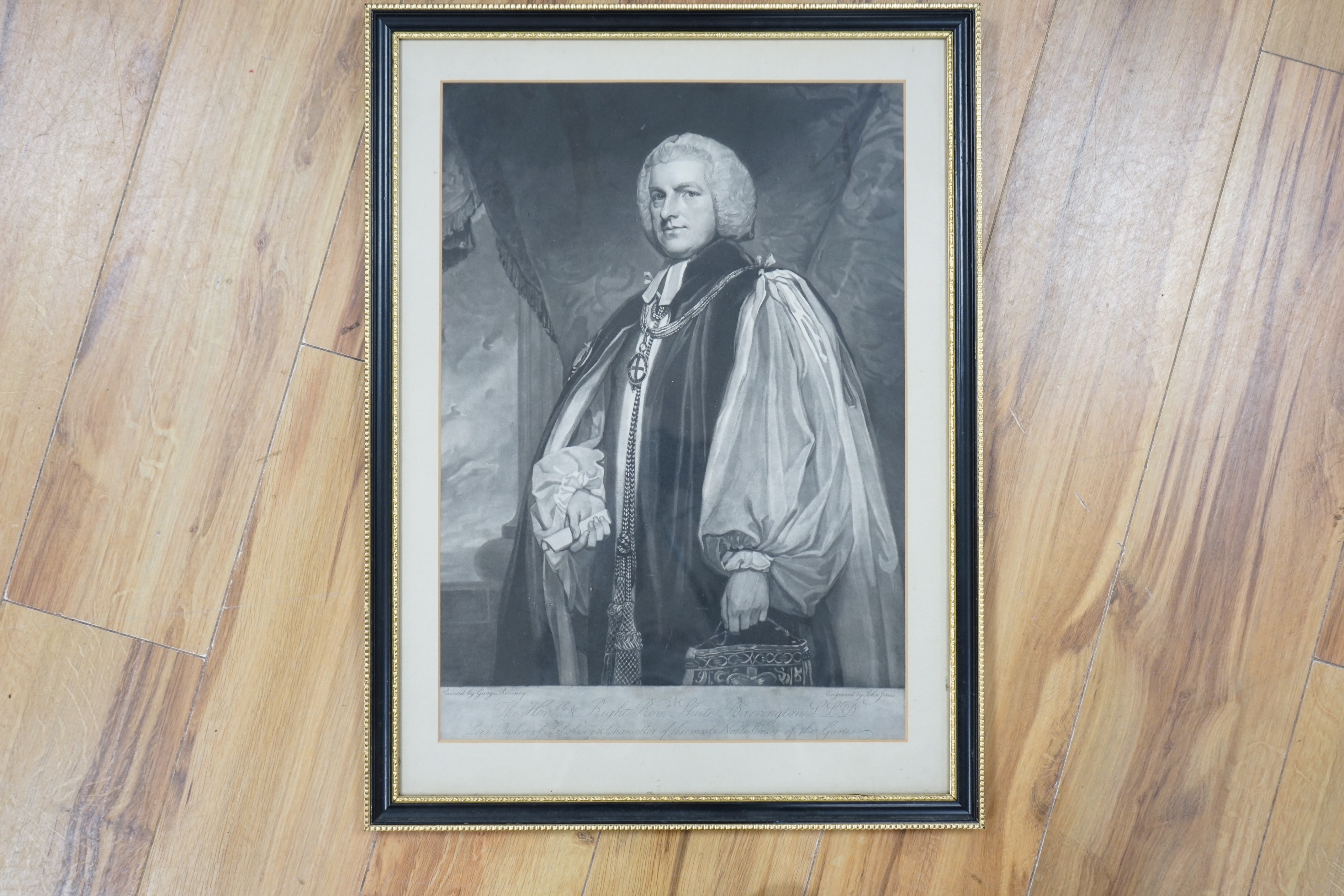 After George Romney (British 1734-1802), mezzotint, The Honourable and Right Reverend Shute Barrington, engraved by John Jones, 49 x 34cm